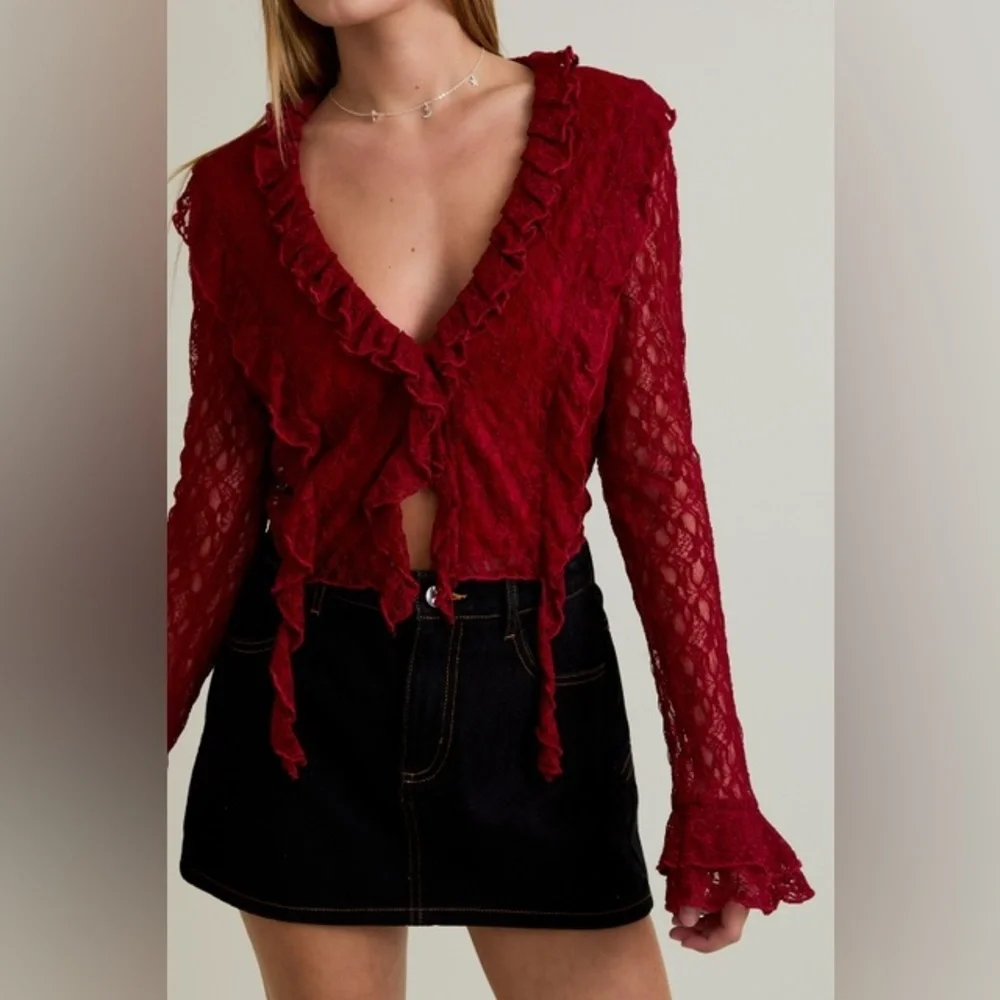 Ruffle Detail Lace V-Neck Top with Bell Sleeves - Le Lis